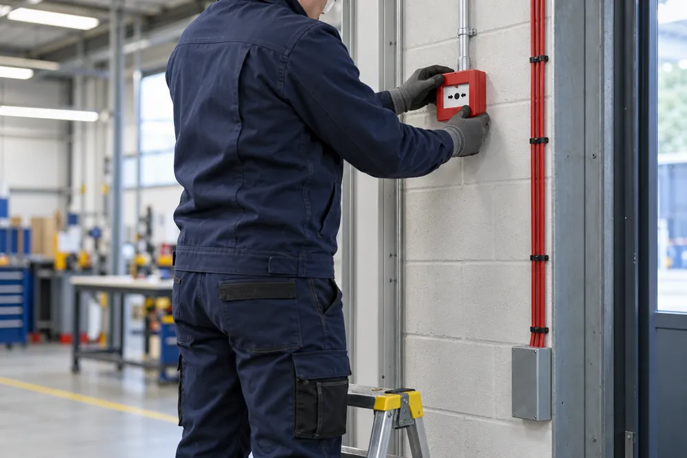 Fitting a red manual fire alarm call point beside surface conduit for a Newcastle workplace