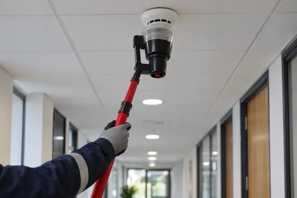 Detector test pole raised to a ceiling alarm in a corridor, illustrating Newcastle maintenance work