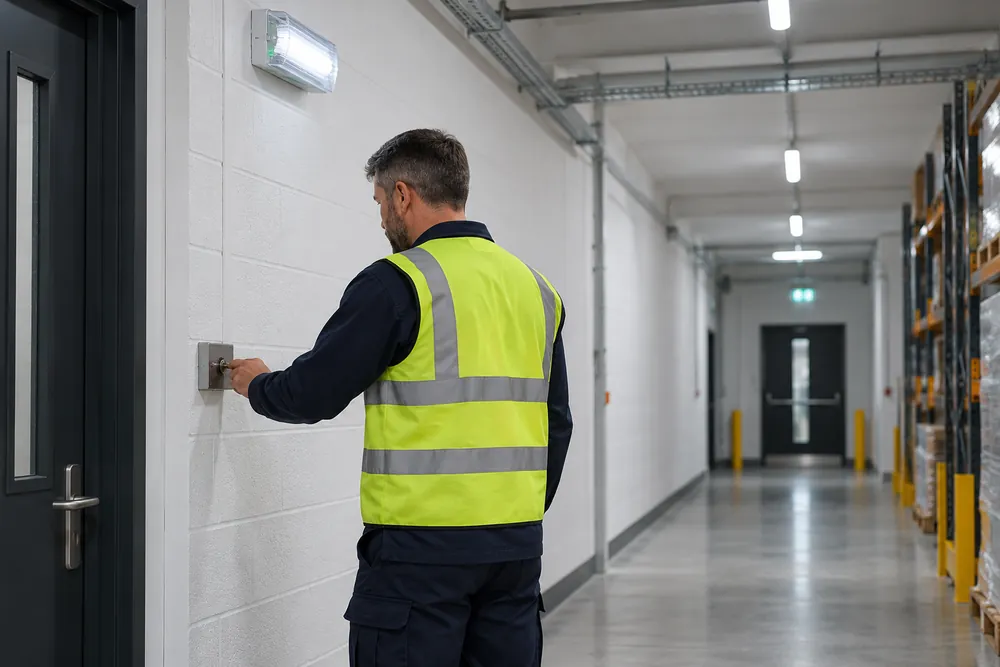 Checking an emergency lighting test switch beside an industrial escape route for Newcastle premises
